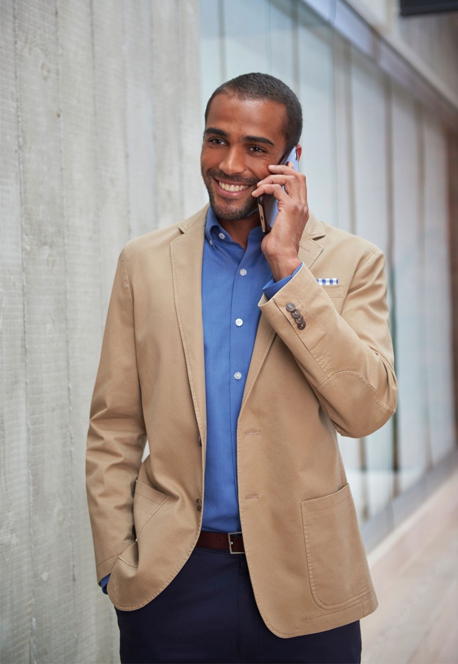 blue jacket beige chinos